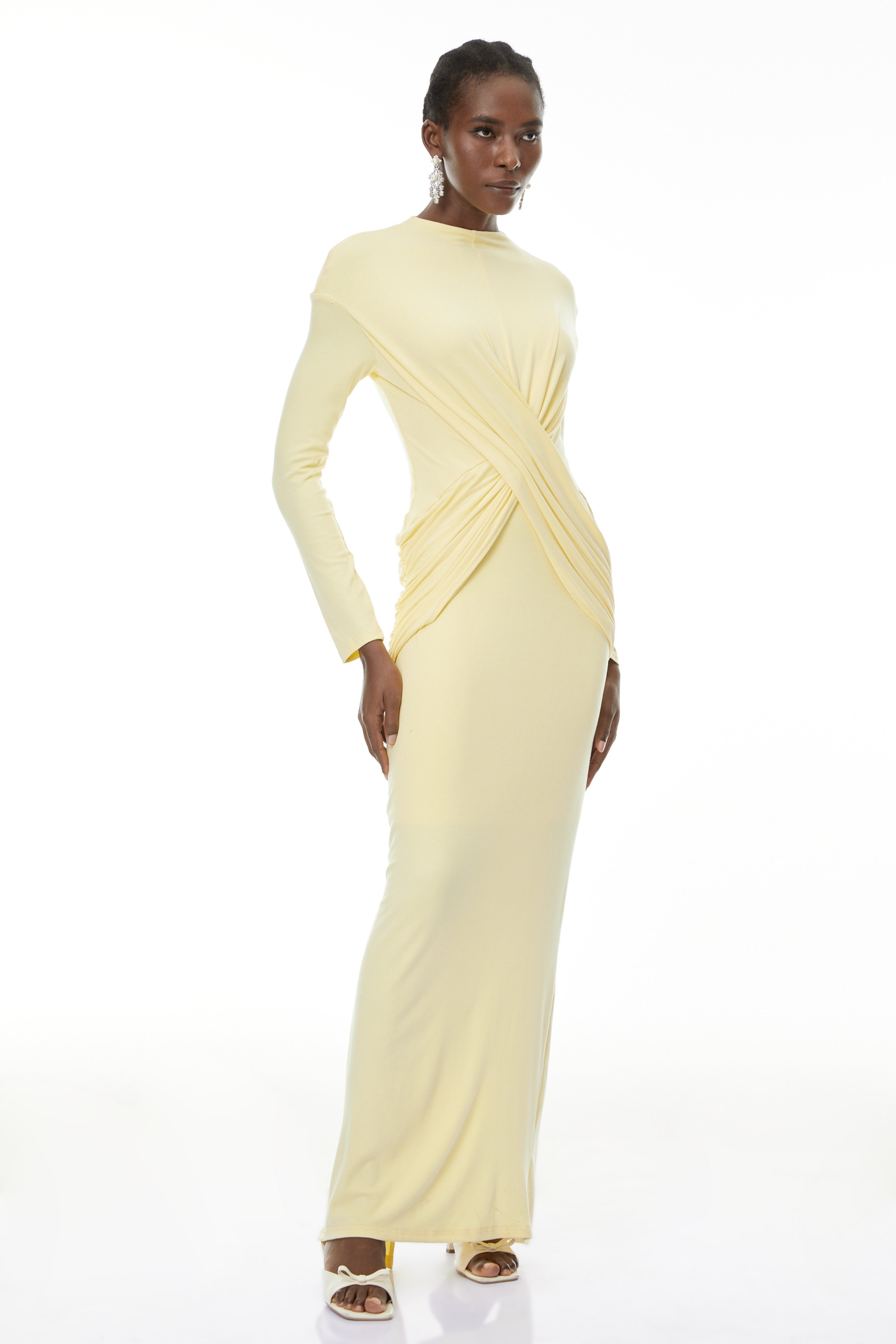 Oriane Yellow Cross Front Ruched Maxi Dress