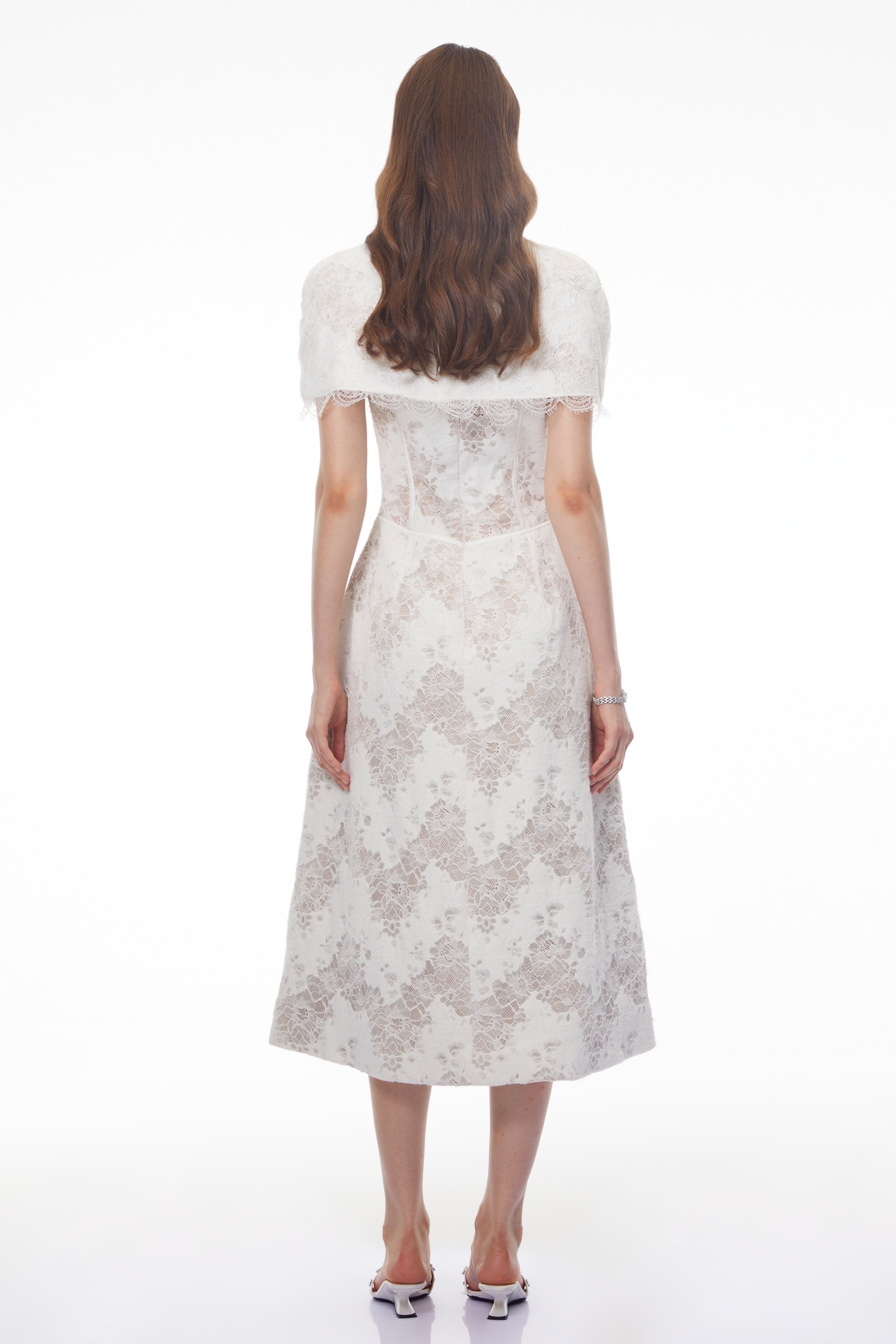 Zohar White Floral Lace Midi Dress with Cape