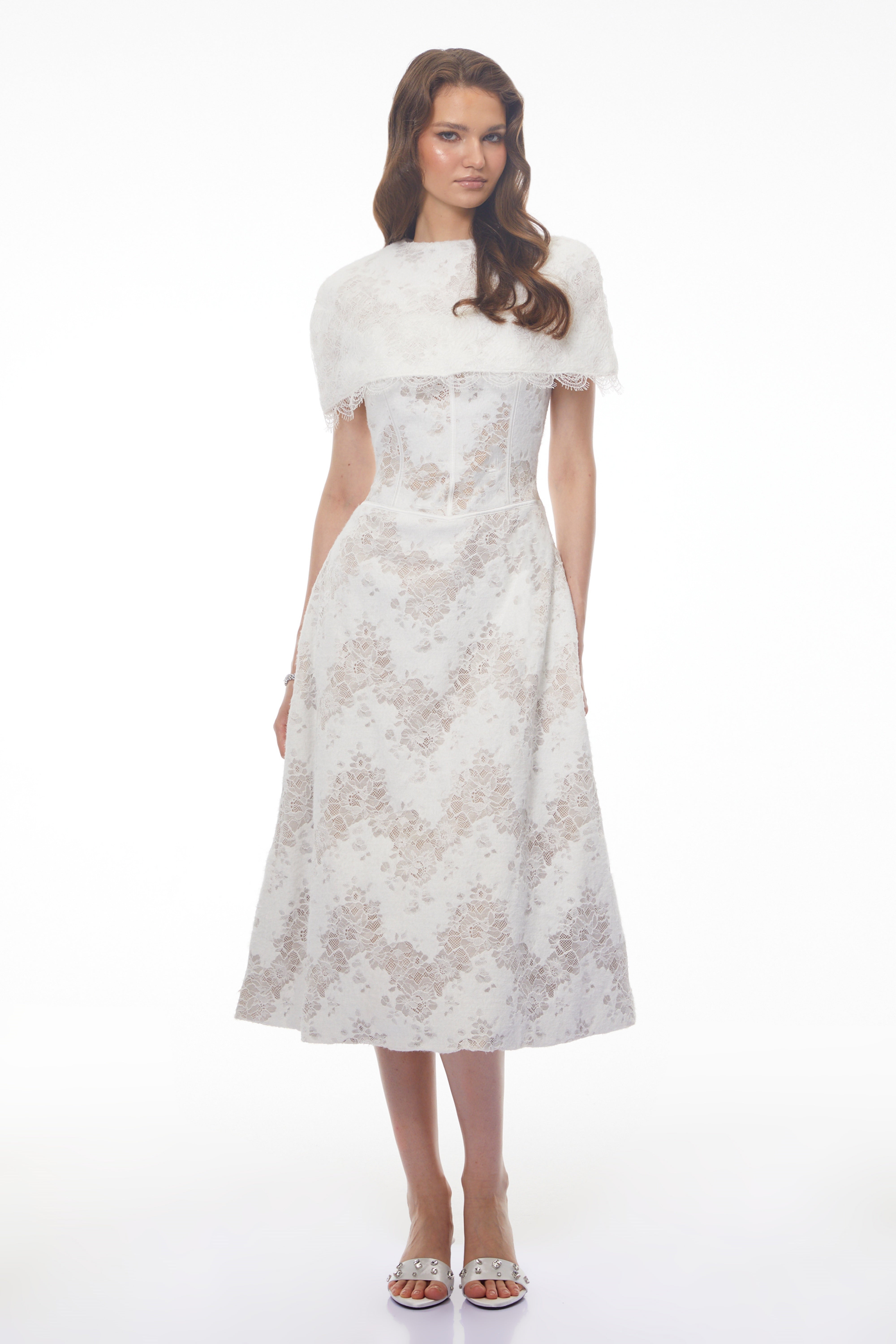 Zohar White Floral Lace Midi Dress with Cape