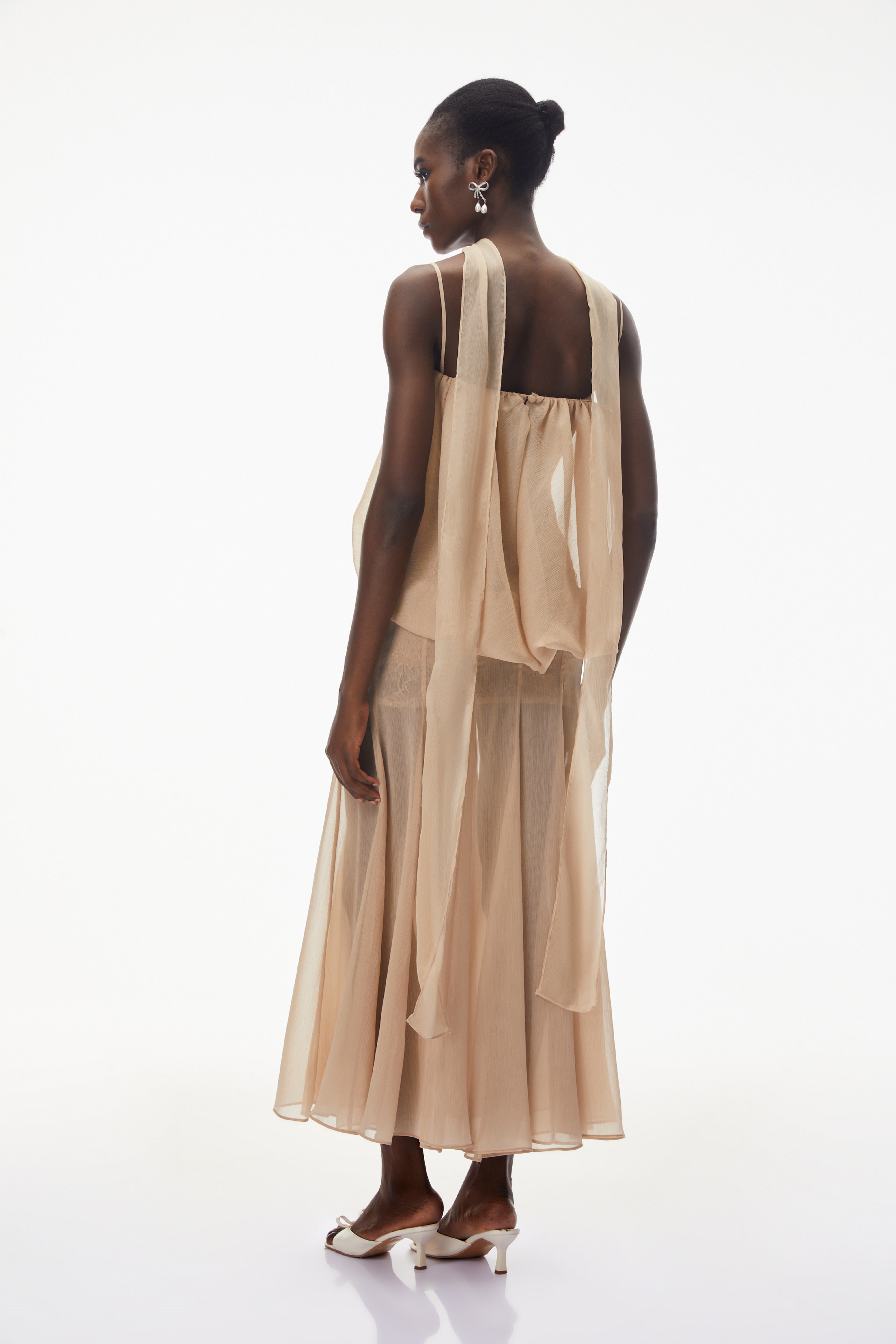 Ottoline Champagne Mesh Draped Maxi Dress