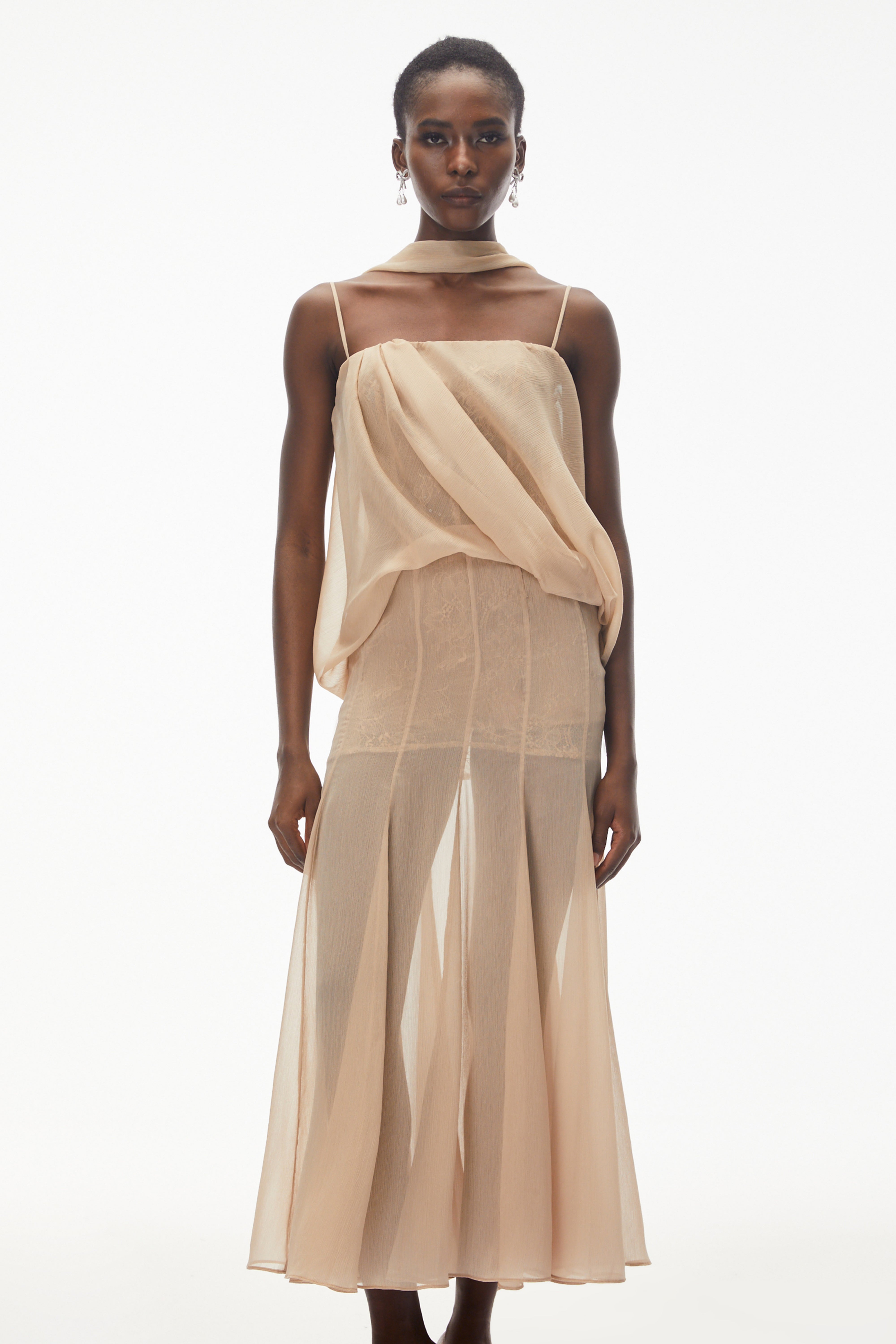 Ottoline Champagne Mesh Draped Maxi Dress