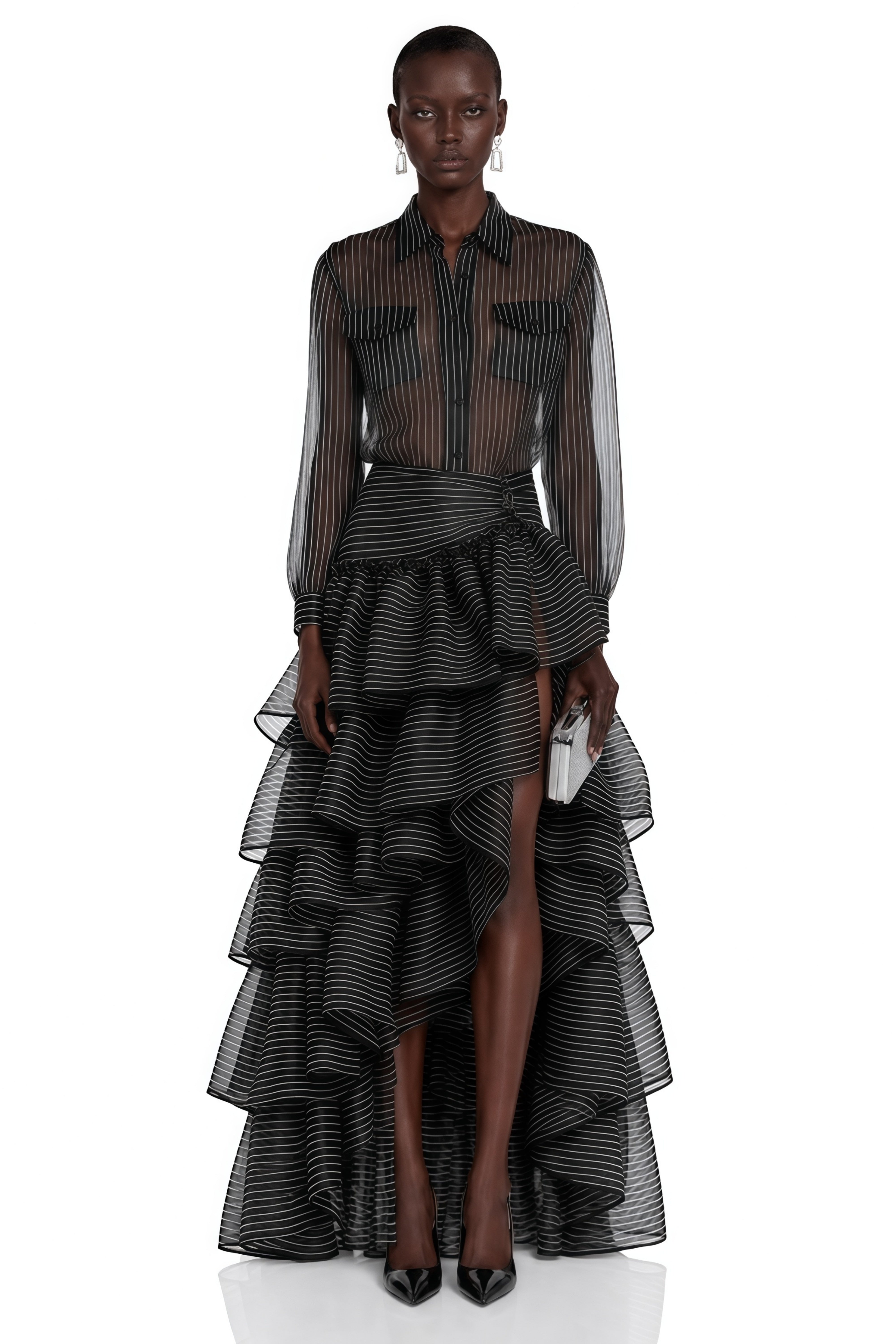 Ozzie Black Horizontal Stripe Blouse & Skirt Set