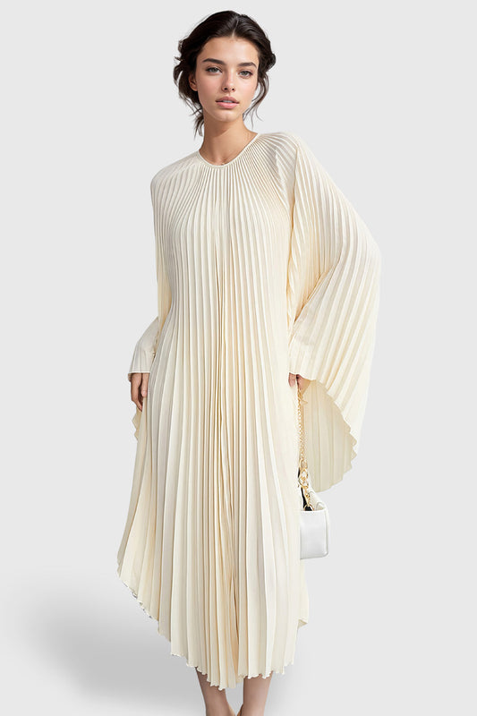 Pleated Maxi Dress with Long Sleeves - Vanilla