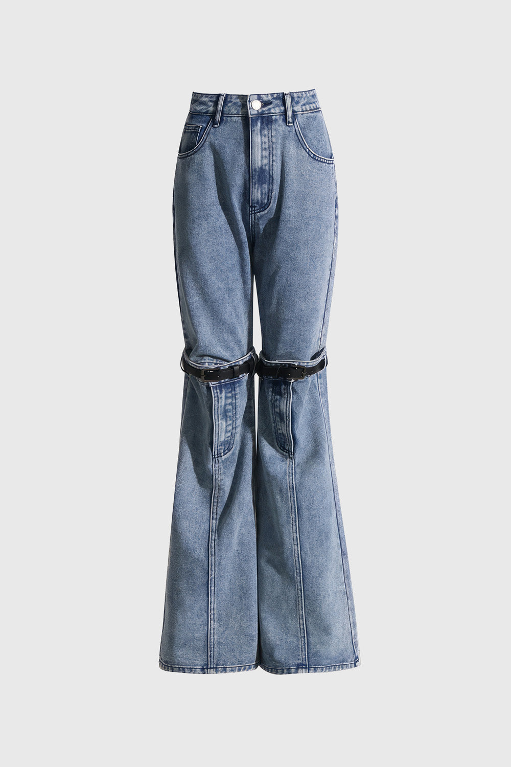 High Waisted Jeans with Knee Cuts - Blue