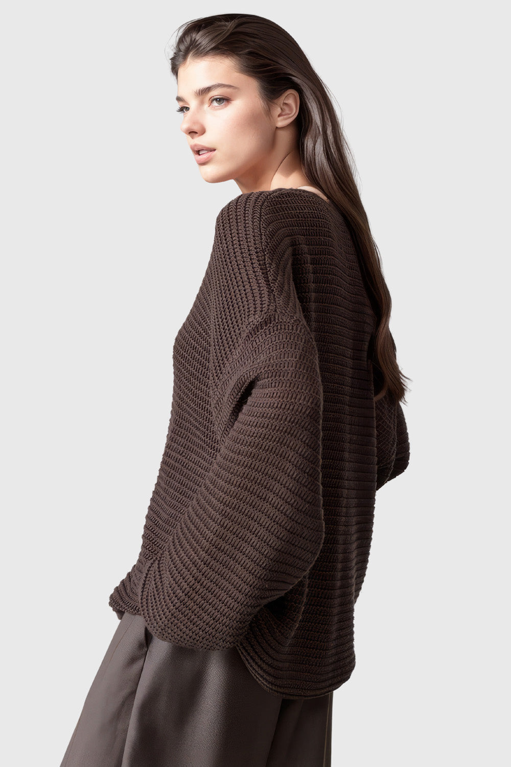 Knitted V Neckline Sweater - Brown