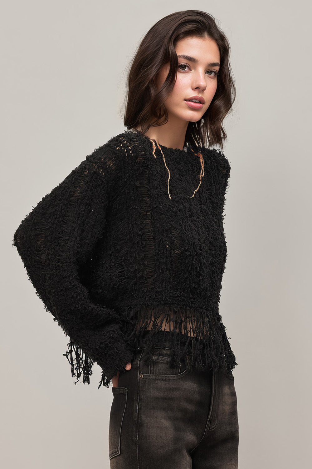 Open-Knit Top with Fringe - Black