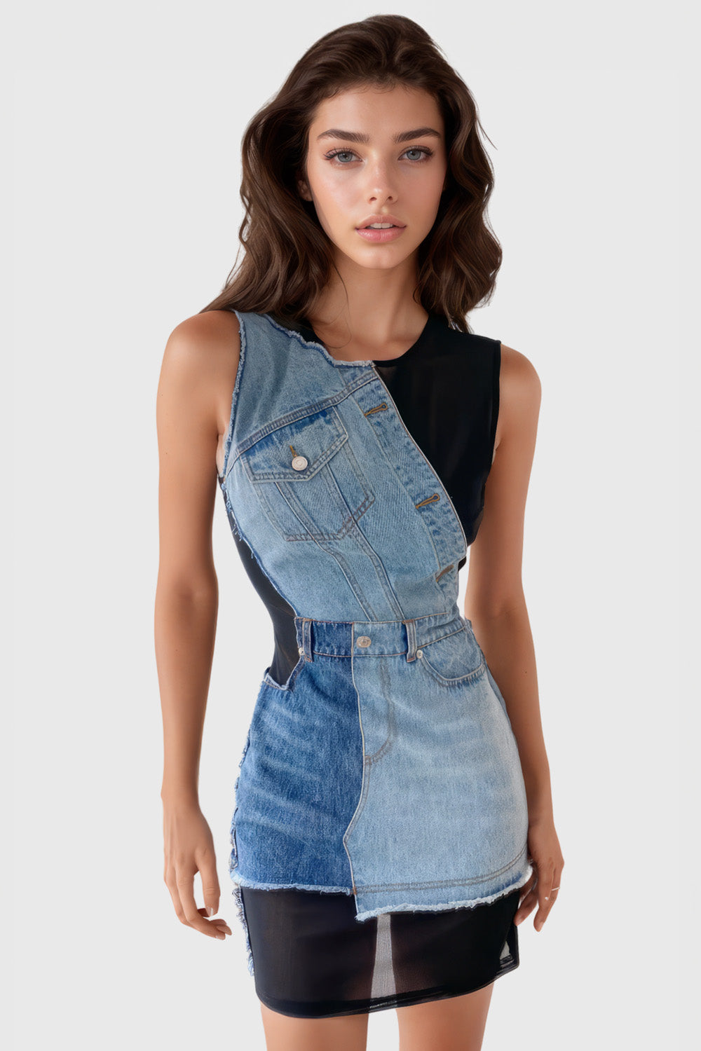 Short Dress with Added Denim - Black