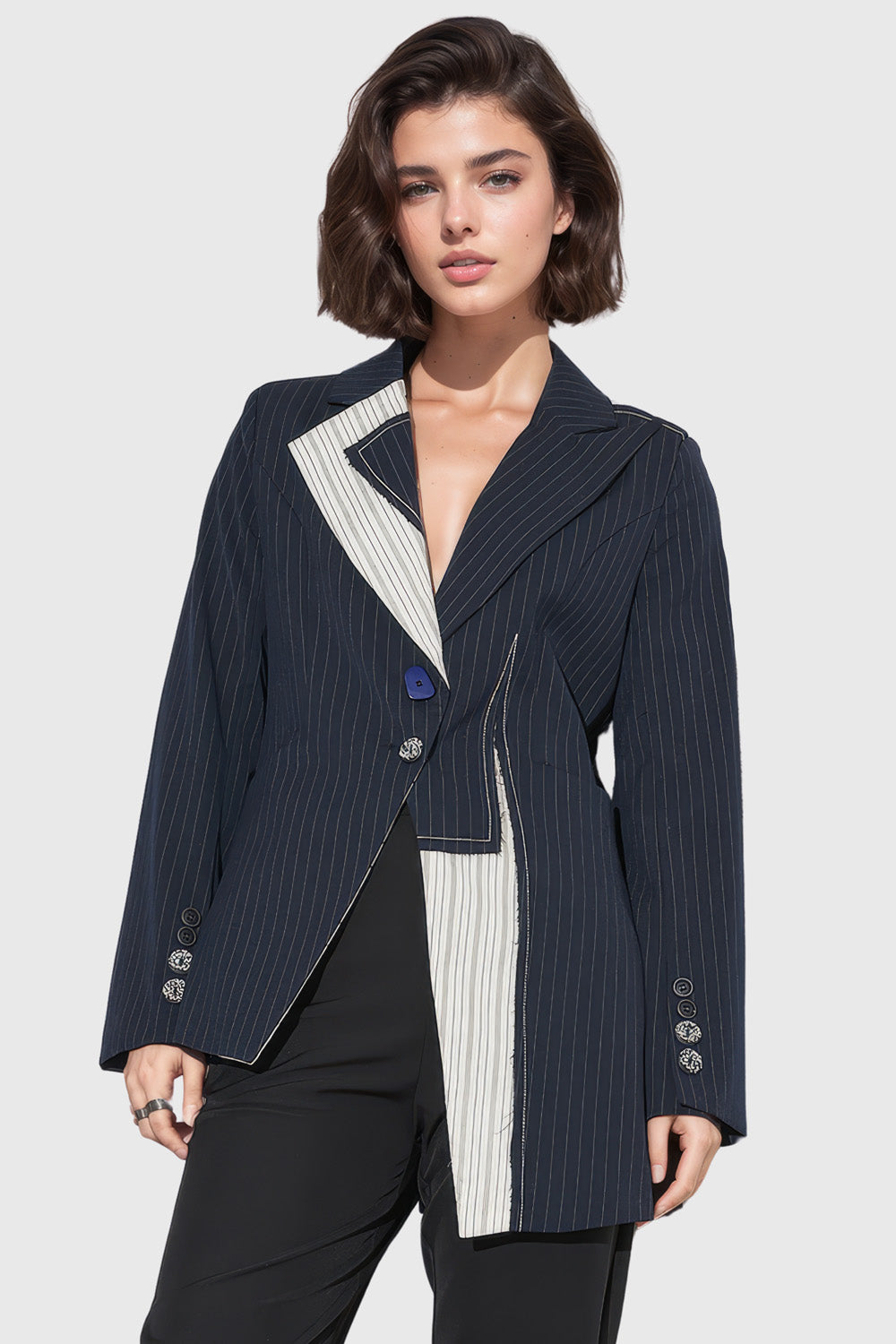 Asymmetrical Striped Blazer - Navy Blue