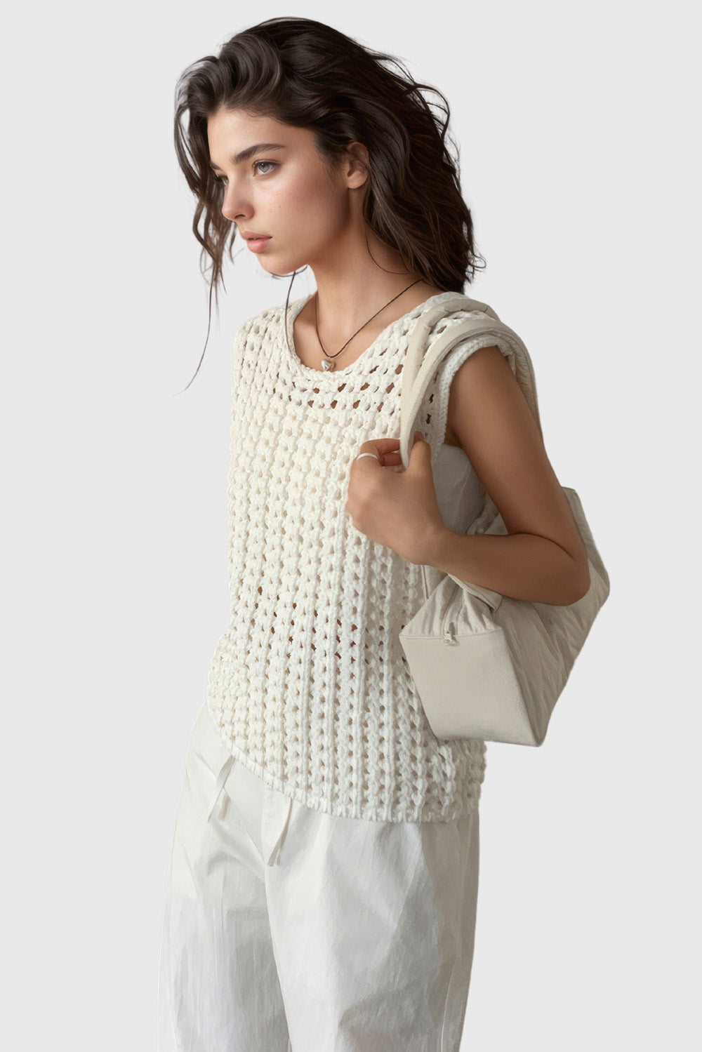 Open Knit Sleeveless Top - White