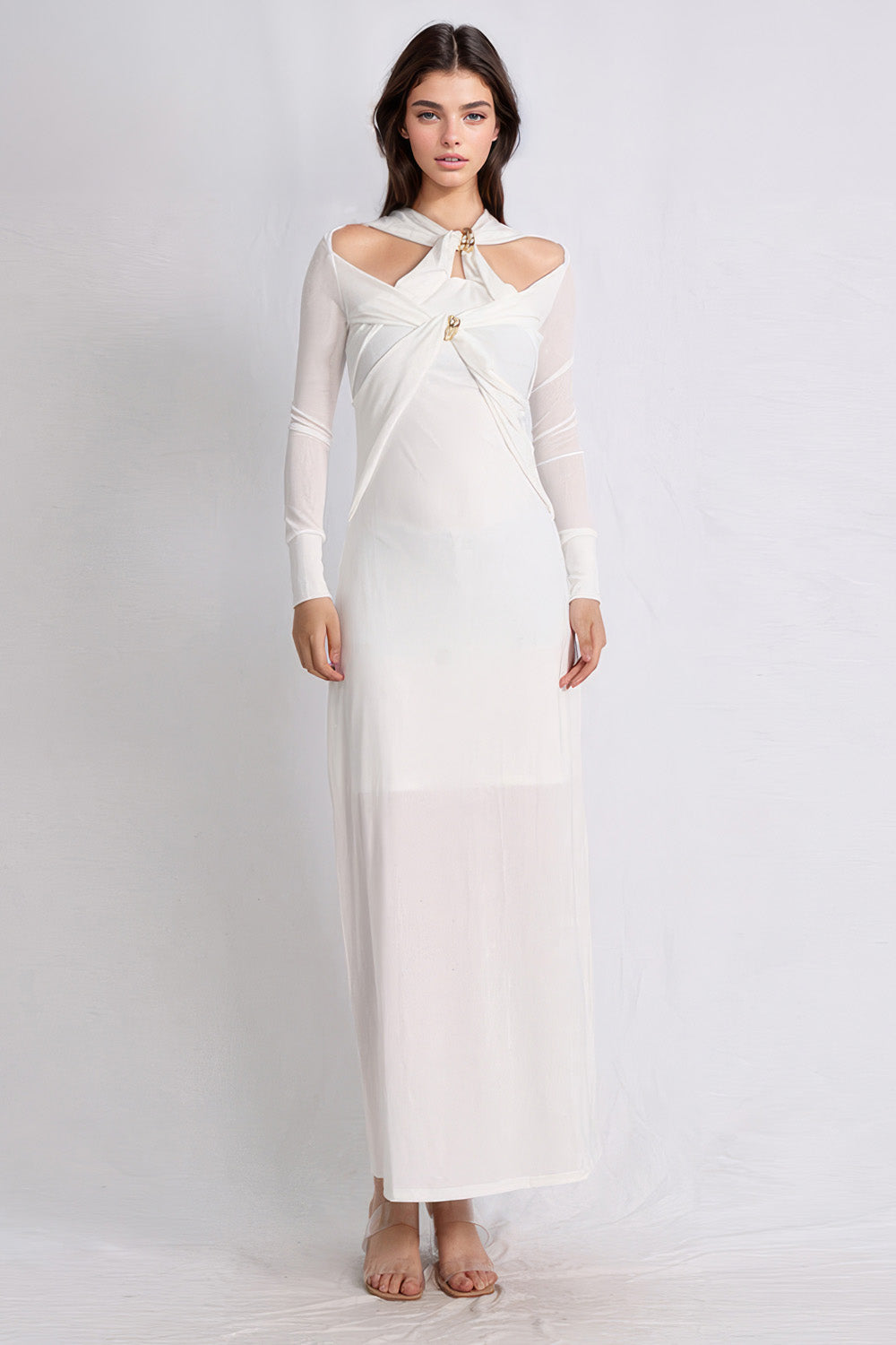 Elegant Maxi Dress with Long Sleeves - White