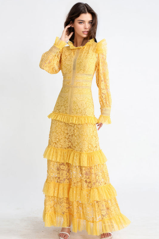 Textured Maxi Dress with Long Sleeves - Yellow