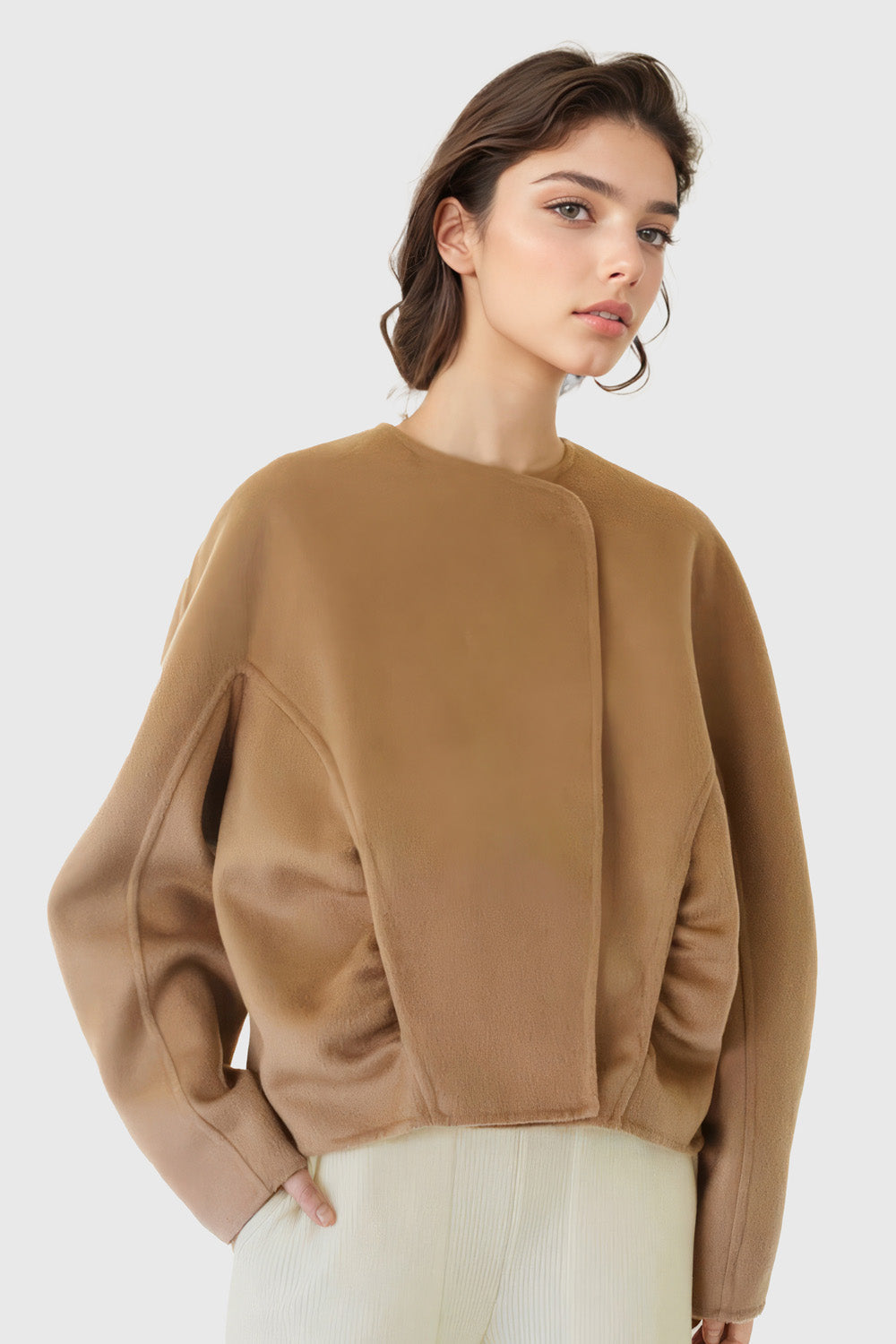 Short Elegant Jacket with Round Neckline - Camel