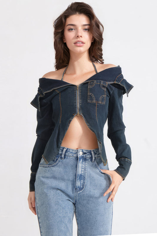 Off Shoulders Denim Top  - Dark Blue