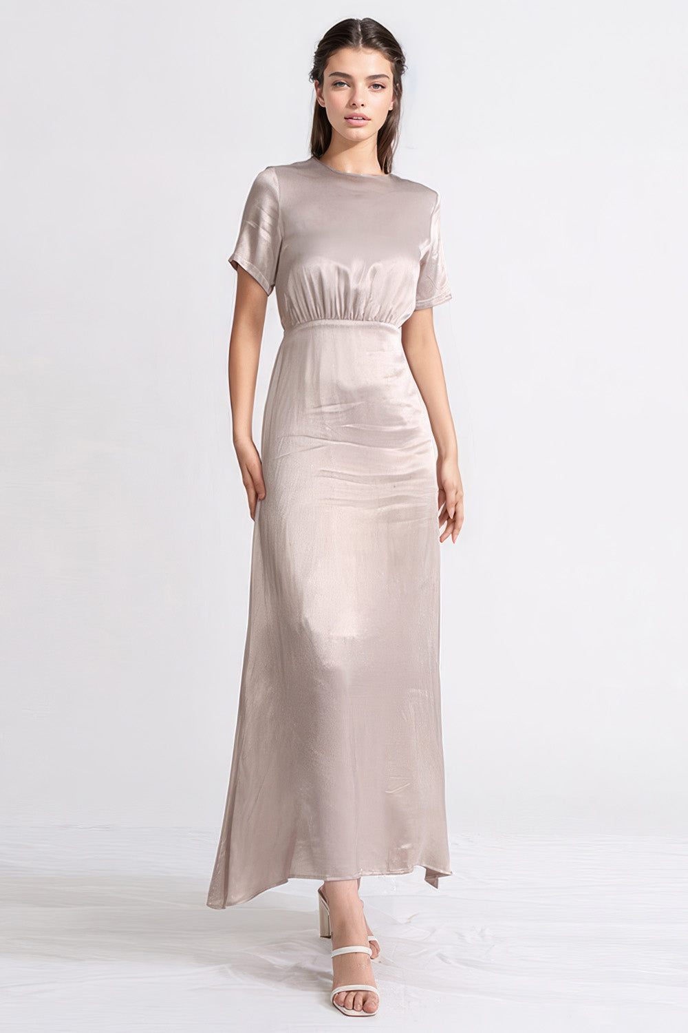 Satin Maxi Dress with Short Sleeves - Beige