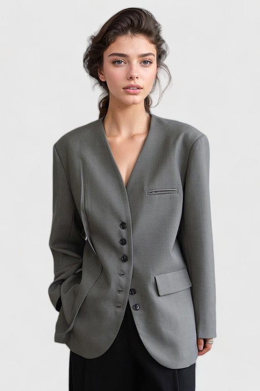 Classic Blazer with No Collar - Grey