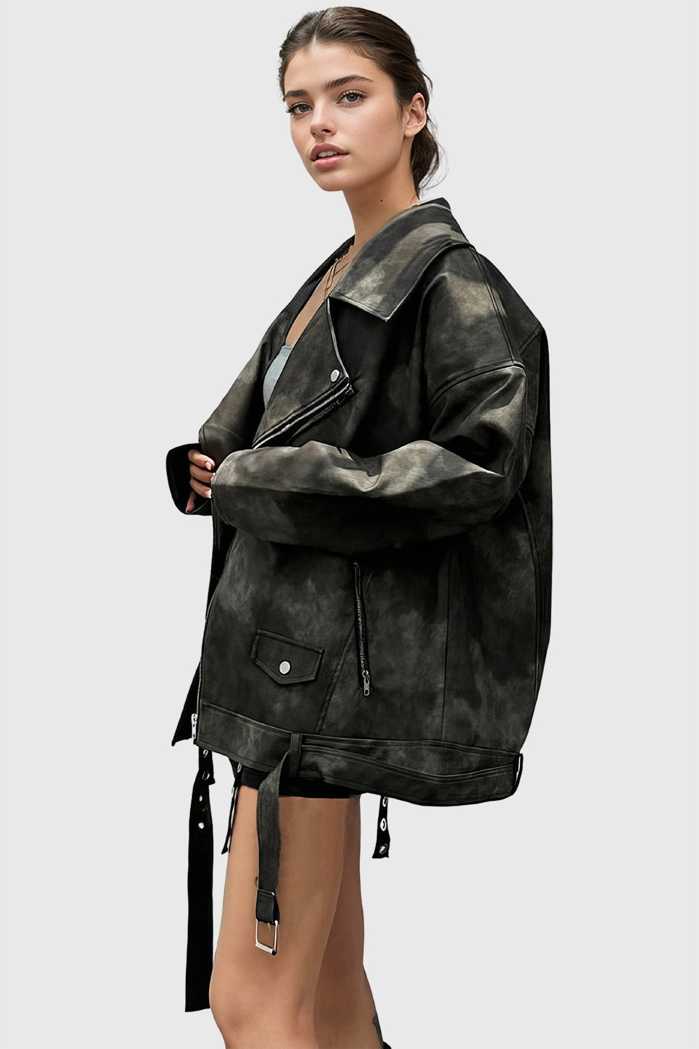 Oversized Leather Jacket - Dark Green