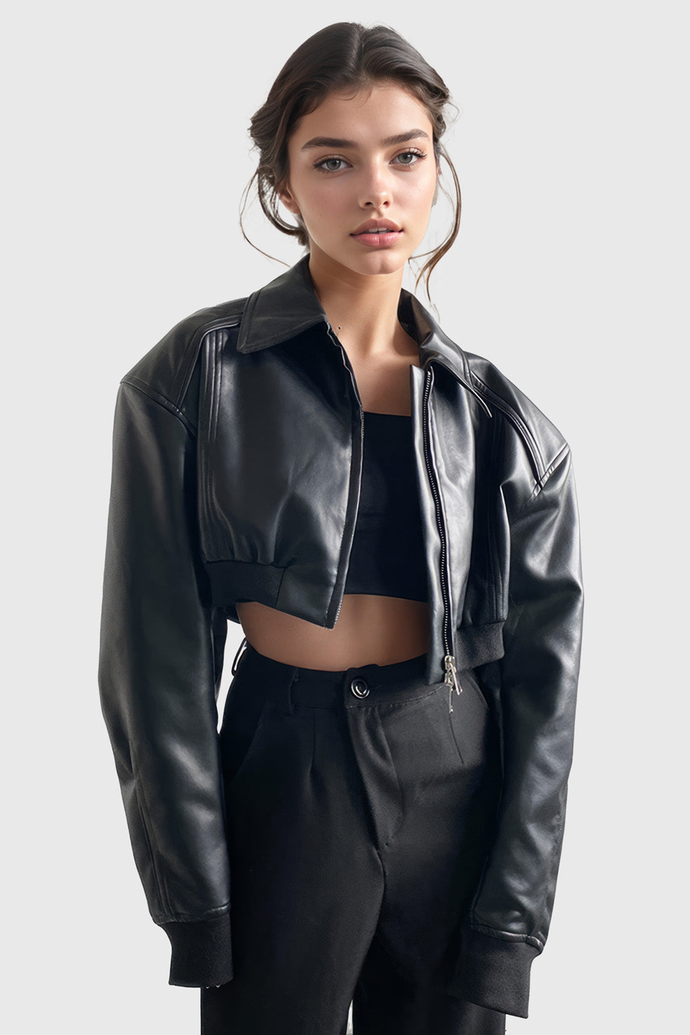 Short Bomber Jacket in Leather - Black