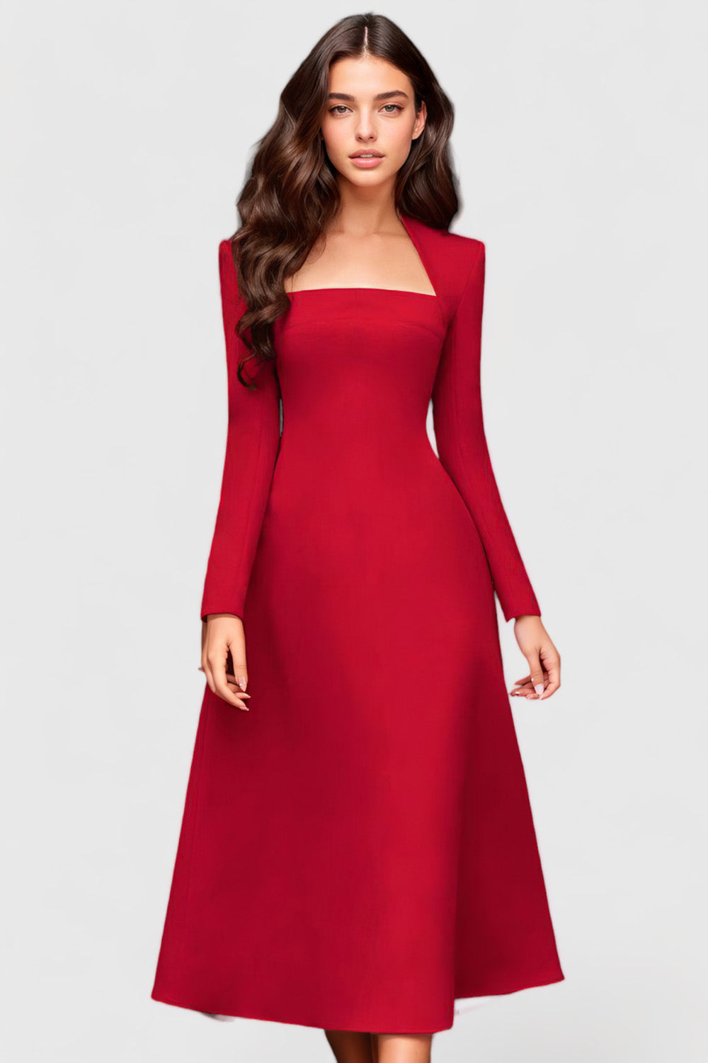 Midi Dress with Square Neckline and Padded Shoulders - Red