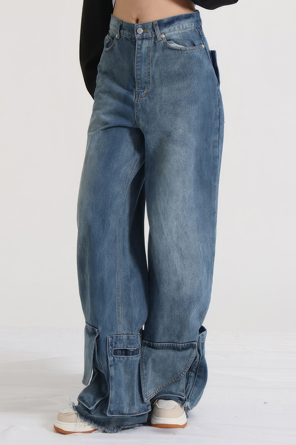 High Waisted Jeans with Pockets at Hem - Blue