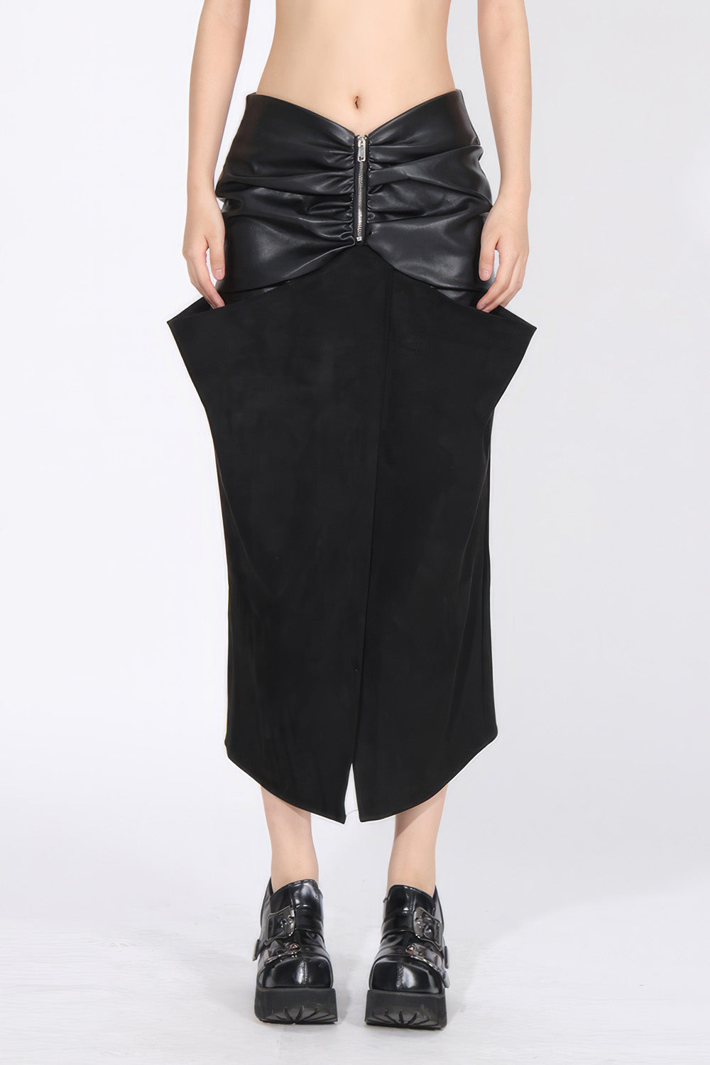 Ruched Midi Skirt with Leather Detail - Black