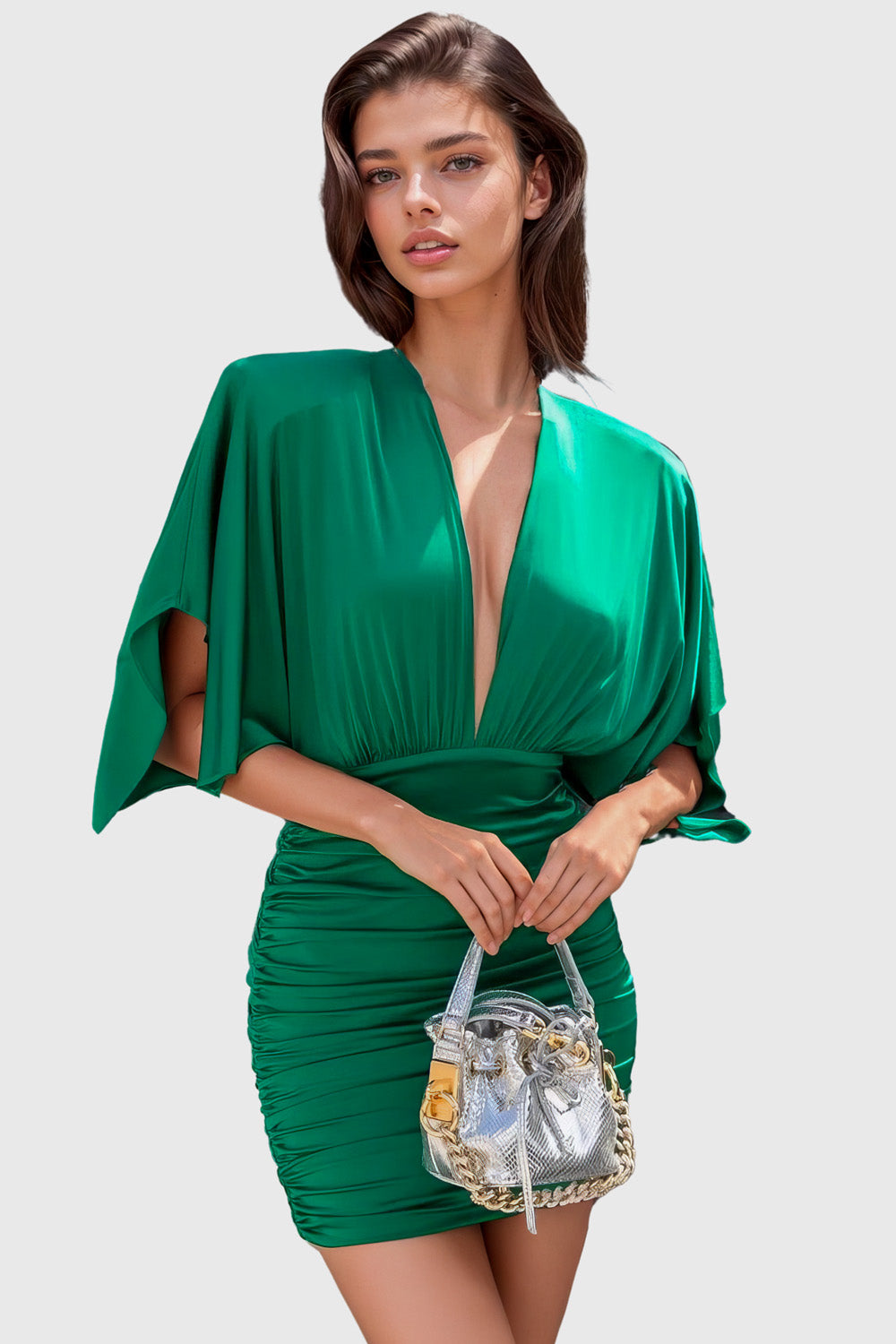 Deep V Neckline Mini Dress - Green