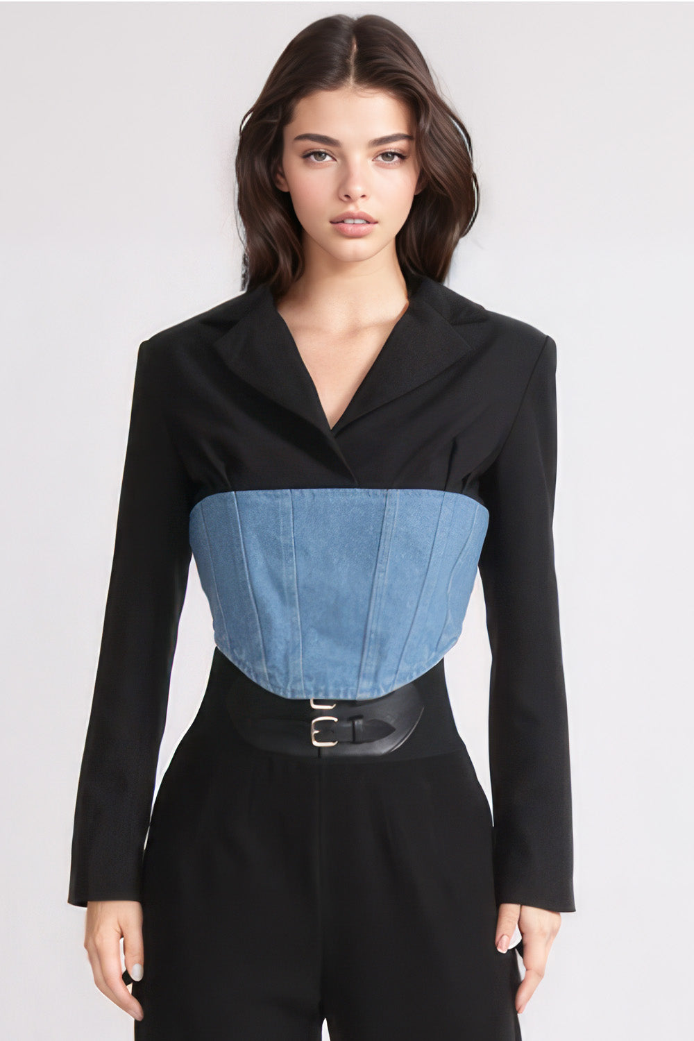 Cropped Blazer with Denim Corset at Waist - Black