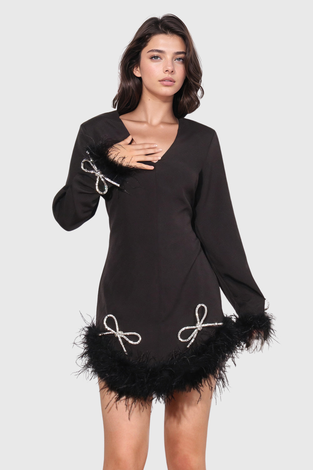 V Neck Mini Dress with Feathers Hem - Black