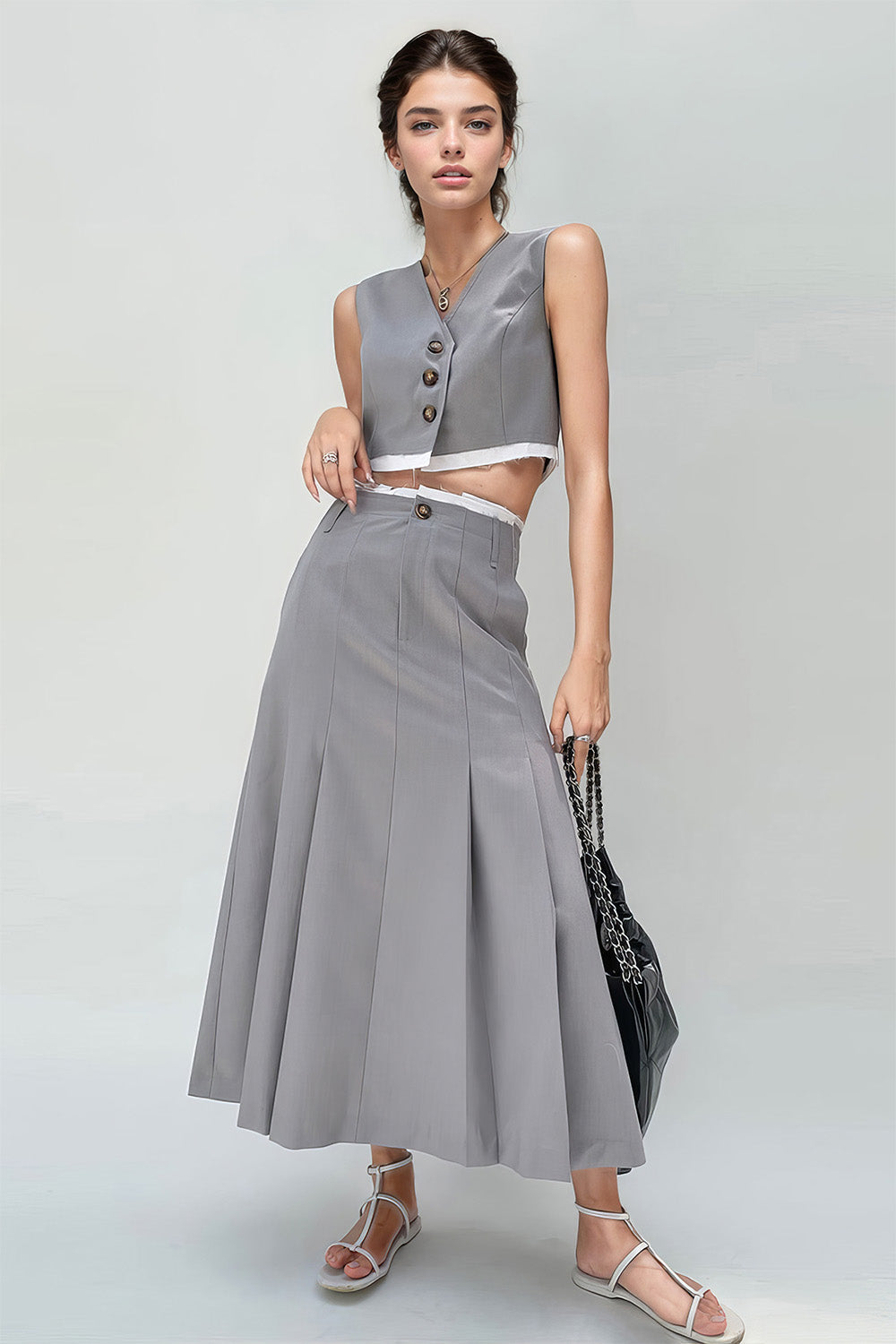 Vest and Midi Skirt 2-Piece Set - Grey