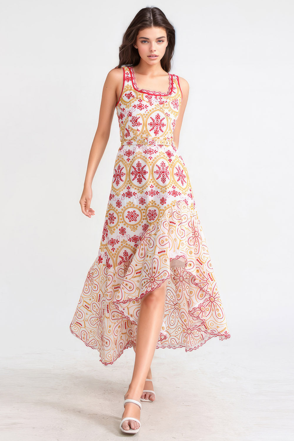 Patterned Irregular Midi Dress - Pink