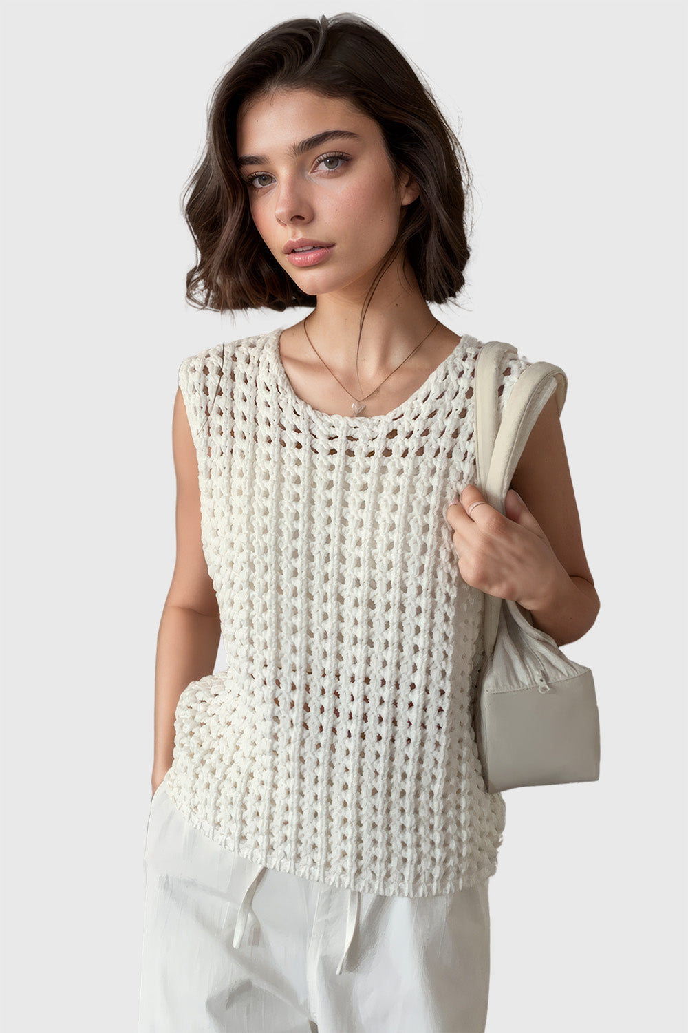 Open Knit Sleeveless Top - White