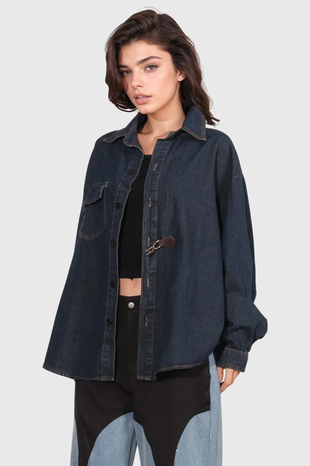 Loose Denim Shirt with Leather Closure Detail - Dark Blue