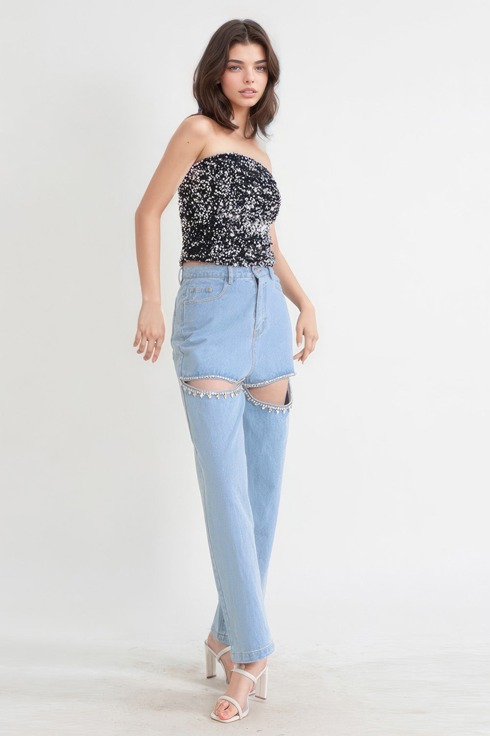 High Waisted Jeans with Cut Outs - Blue