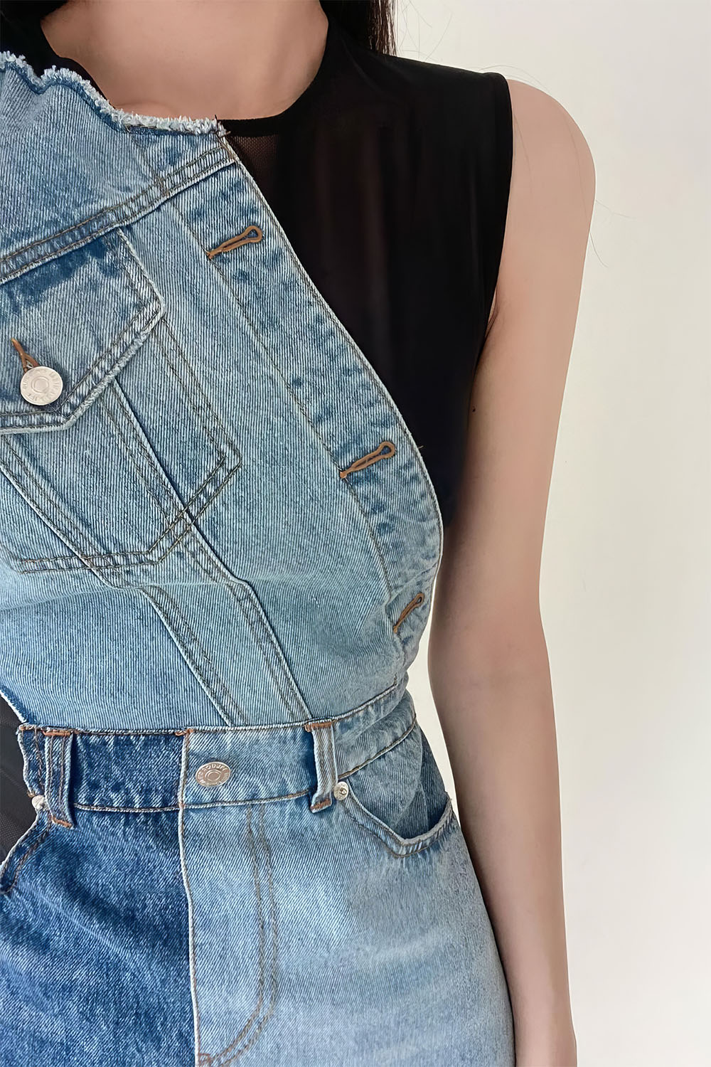 Short Dress with Added Denim - Black