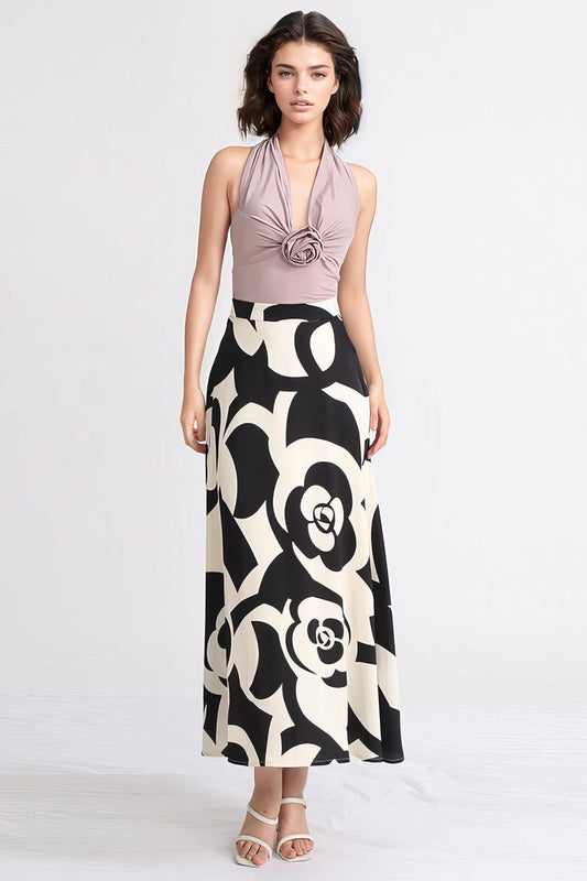 Patterned Midi Skirt - Black & Beige