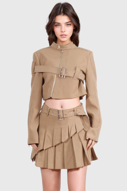 Belted 2-Piece Set with Jacket and Skirt - Brown