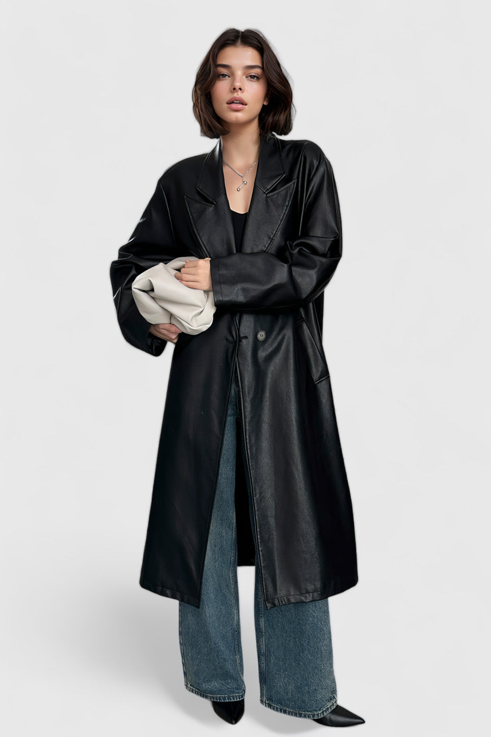 Long Leather Trenchcoat - Black