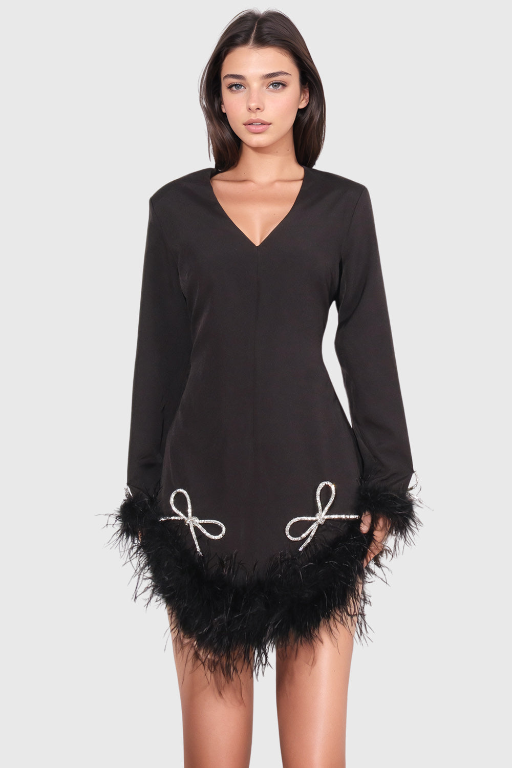 V Neck Mini Dress with Feathers Hem - Black