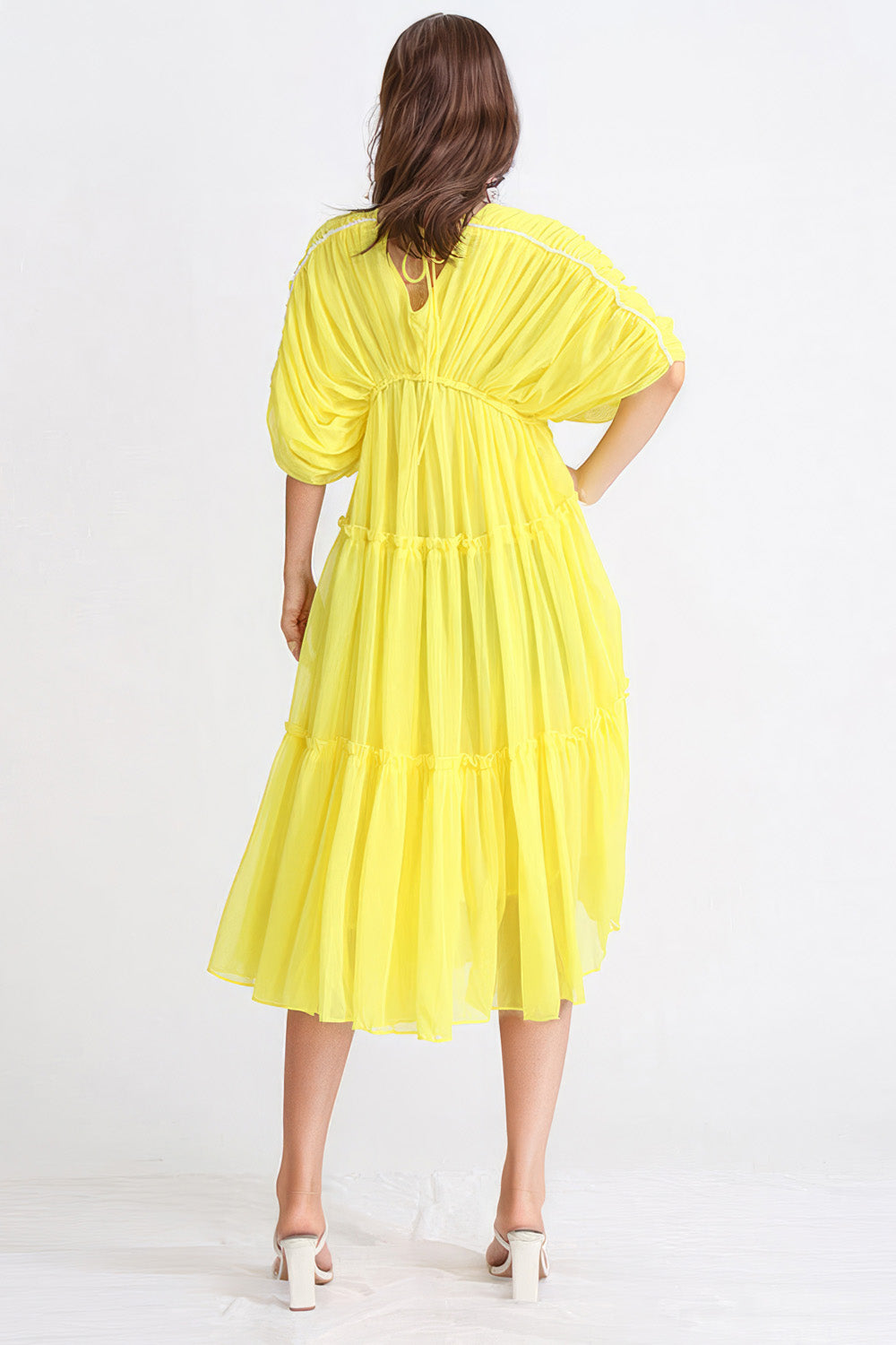 Midi Dress with Wing Sleeves - Yellow