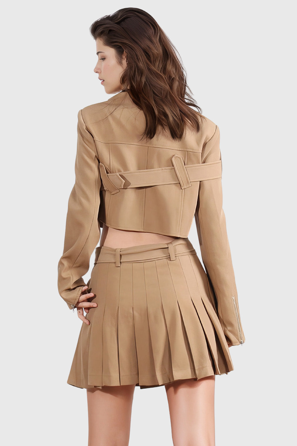 Belted 2-Piece Set with Jacket and Skirt - Brown