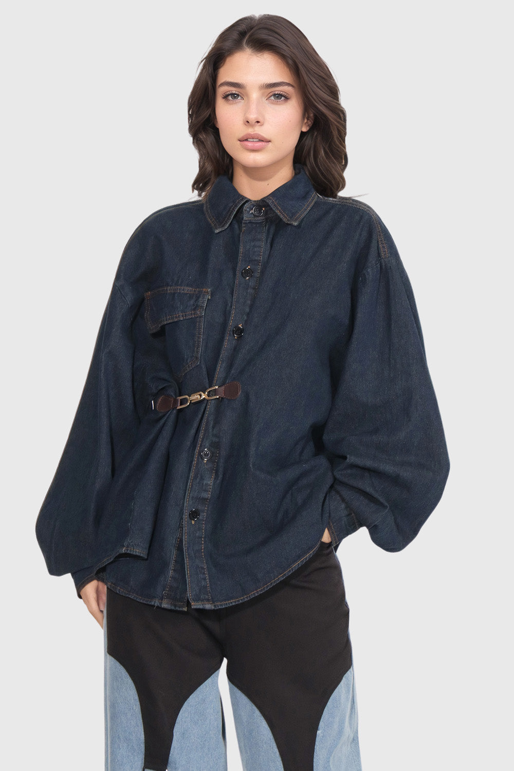 Loose Denim Shirt with Leather Closure Detail - Dark Blue