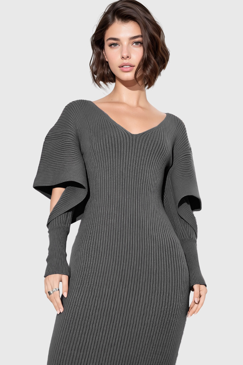 V Neck Ribbed Midi Dress - Dark Grey