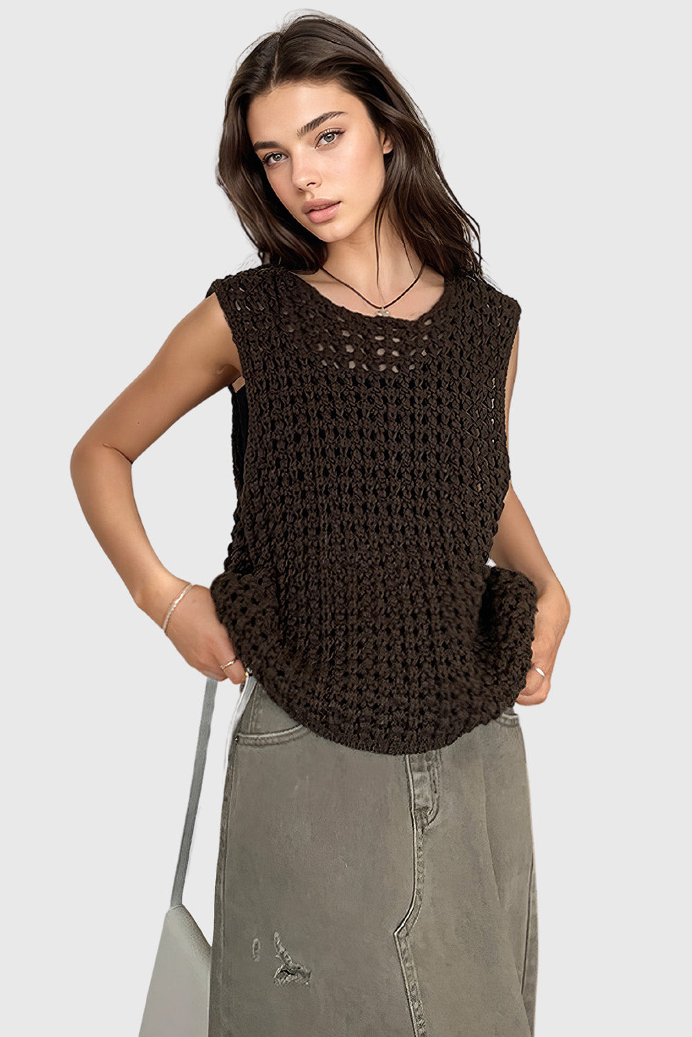 Open Knit Sleeveless Top - Dark Brown