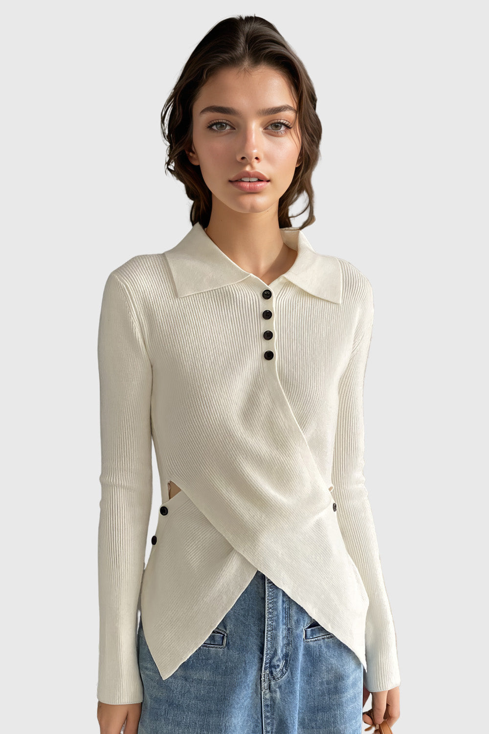 Knitted Top with Collar and Irregular Hem - White