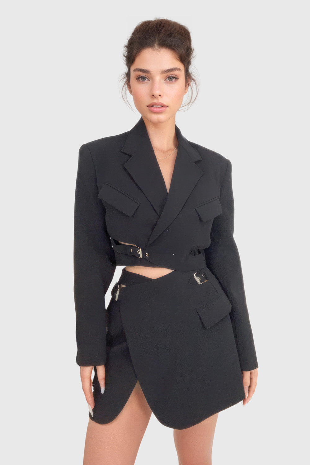 Short Blazer Dress with Belts - Black