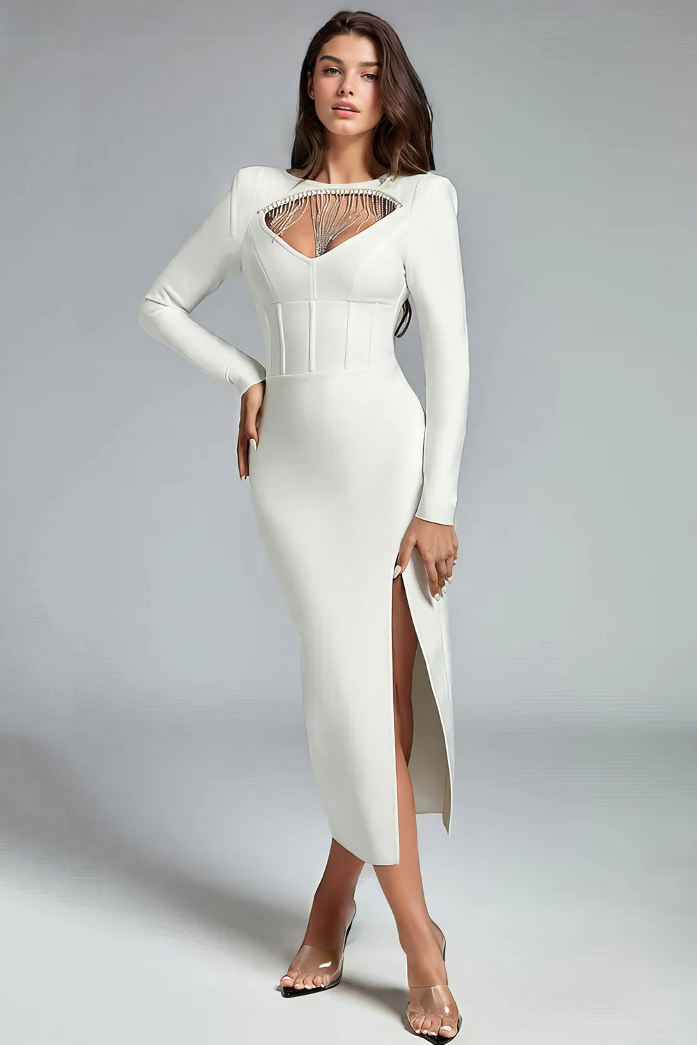 Midi Dress with Front Cut and Slit - White