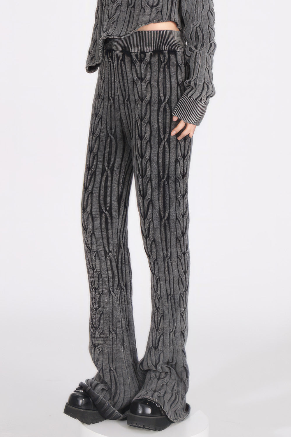 Wide Cable-Knit Trousers - Grey