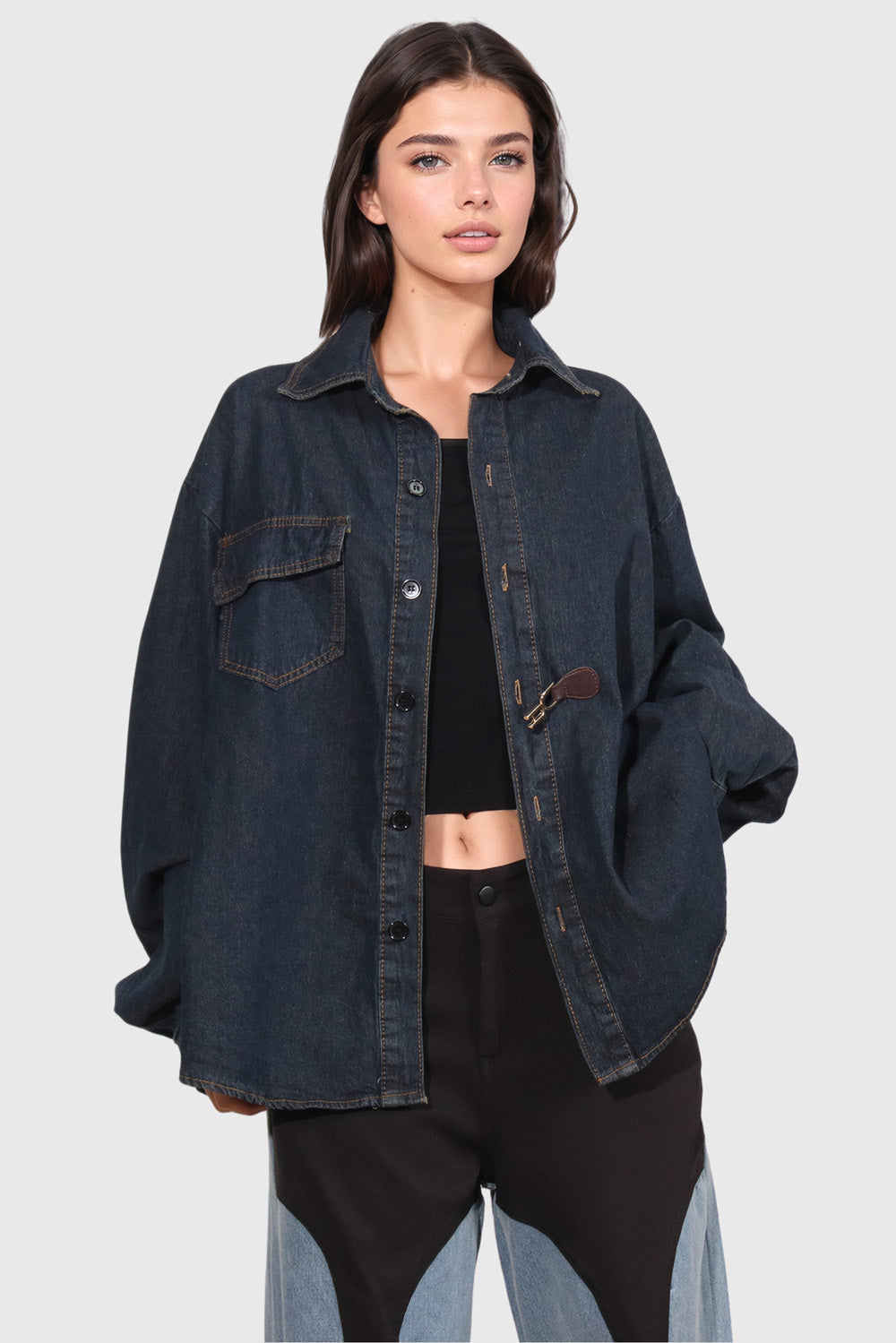 Loose Denim Shirt with Leather Closure Detail - Dark Blue