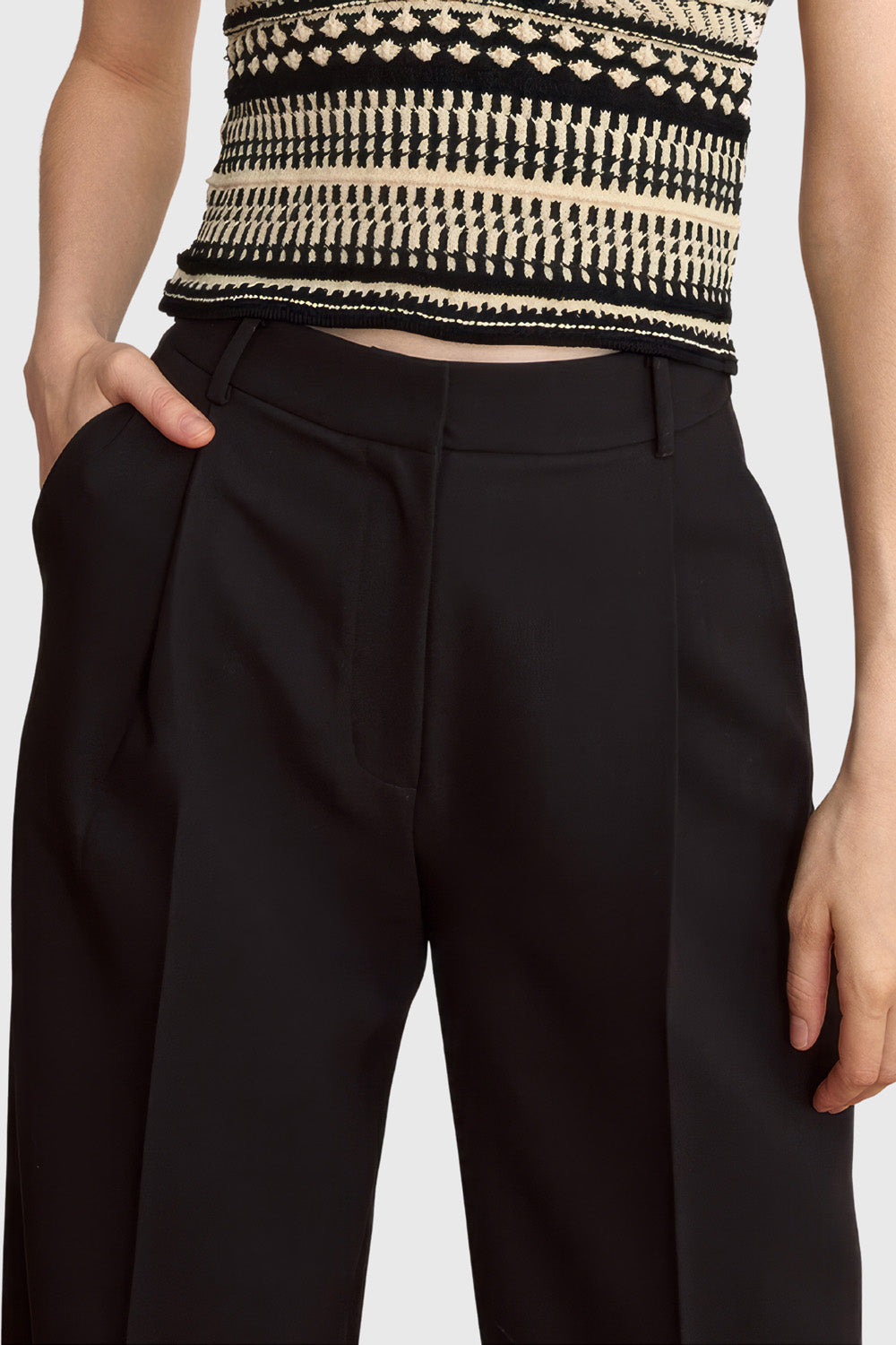 High Waisted Trousers with Topstitching - Black