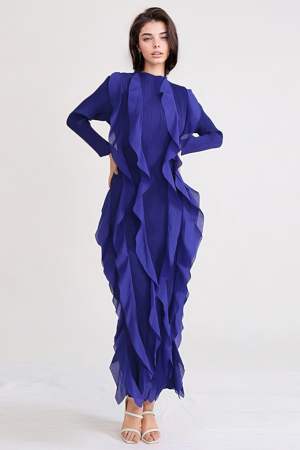 Long Sleeve Dress with Ruffles - Dark Blue