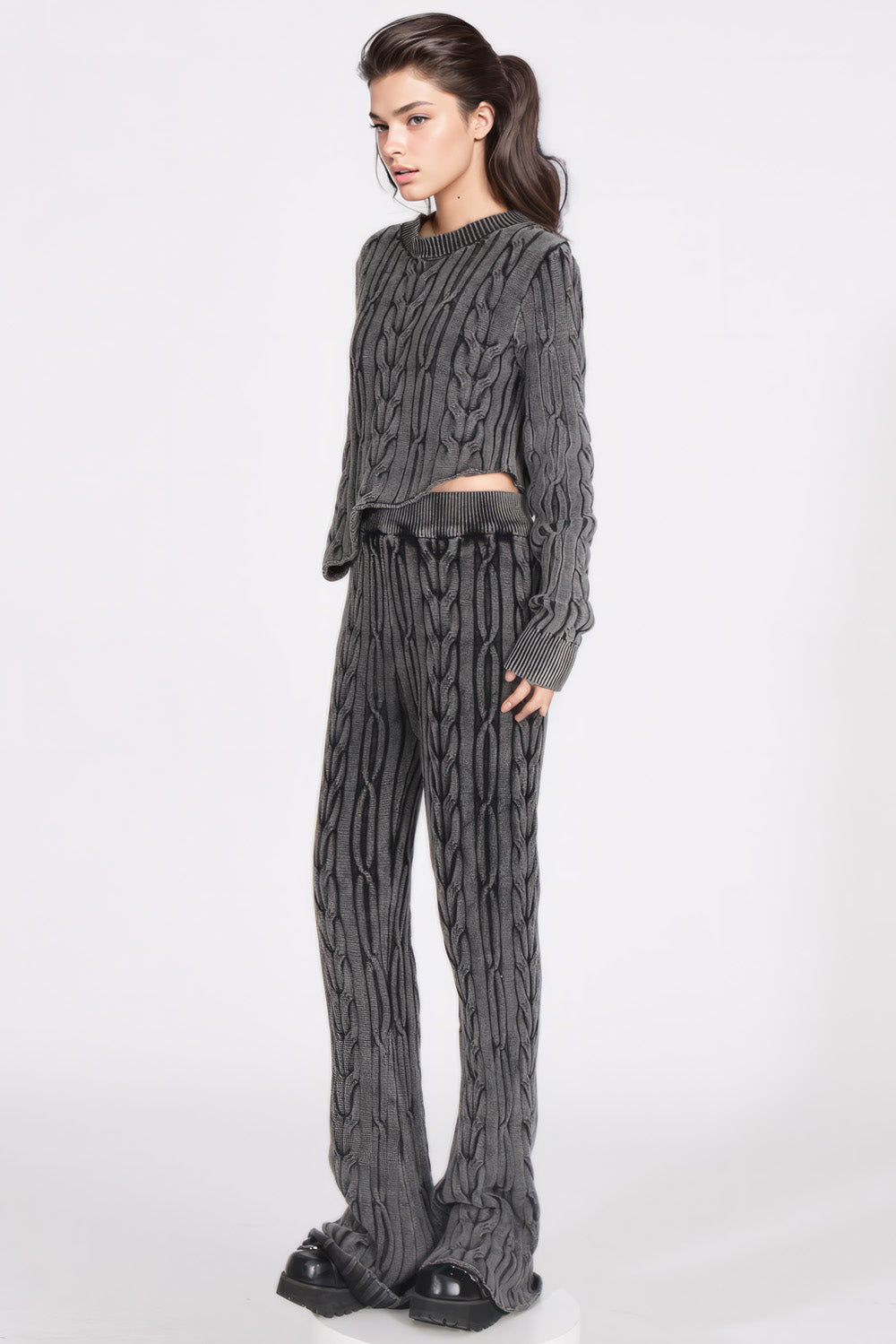 Wide Cable-Knit Trousers - Grey